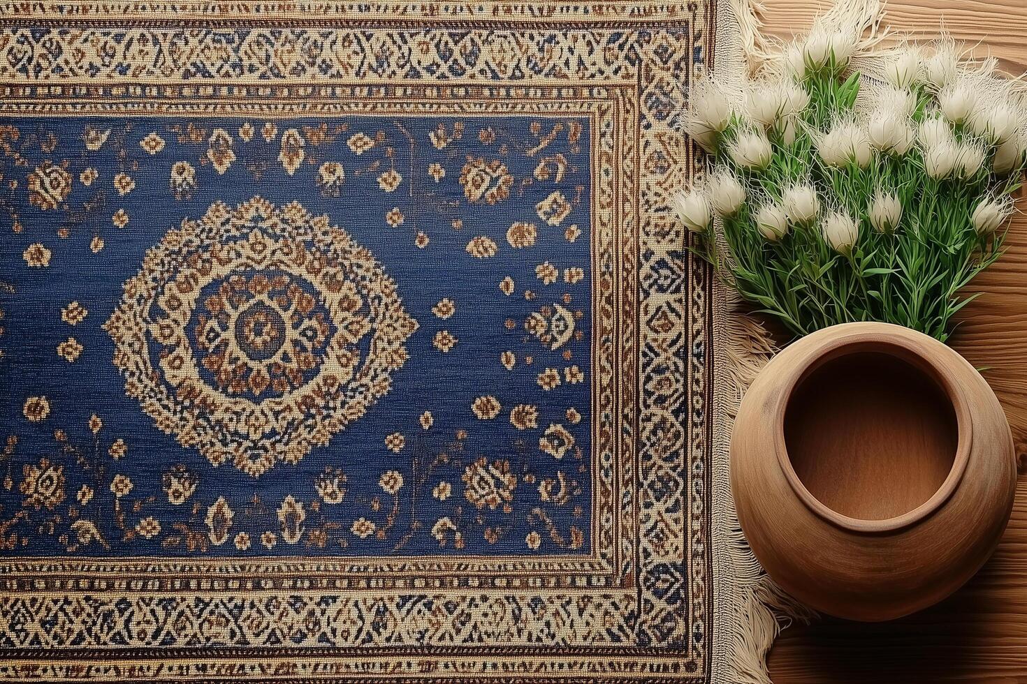 Traditional persian carpet with floral decoration and a terracotta vase with white flowers, celebrating nowruz, the persian new year, on a wooden table photo