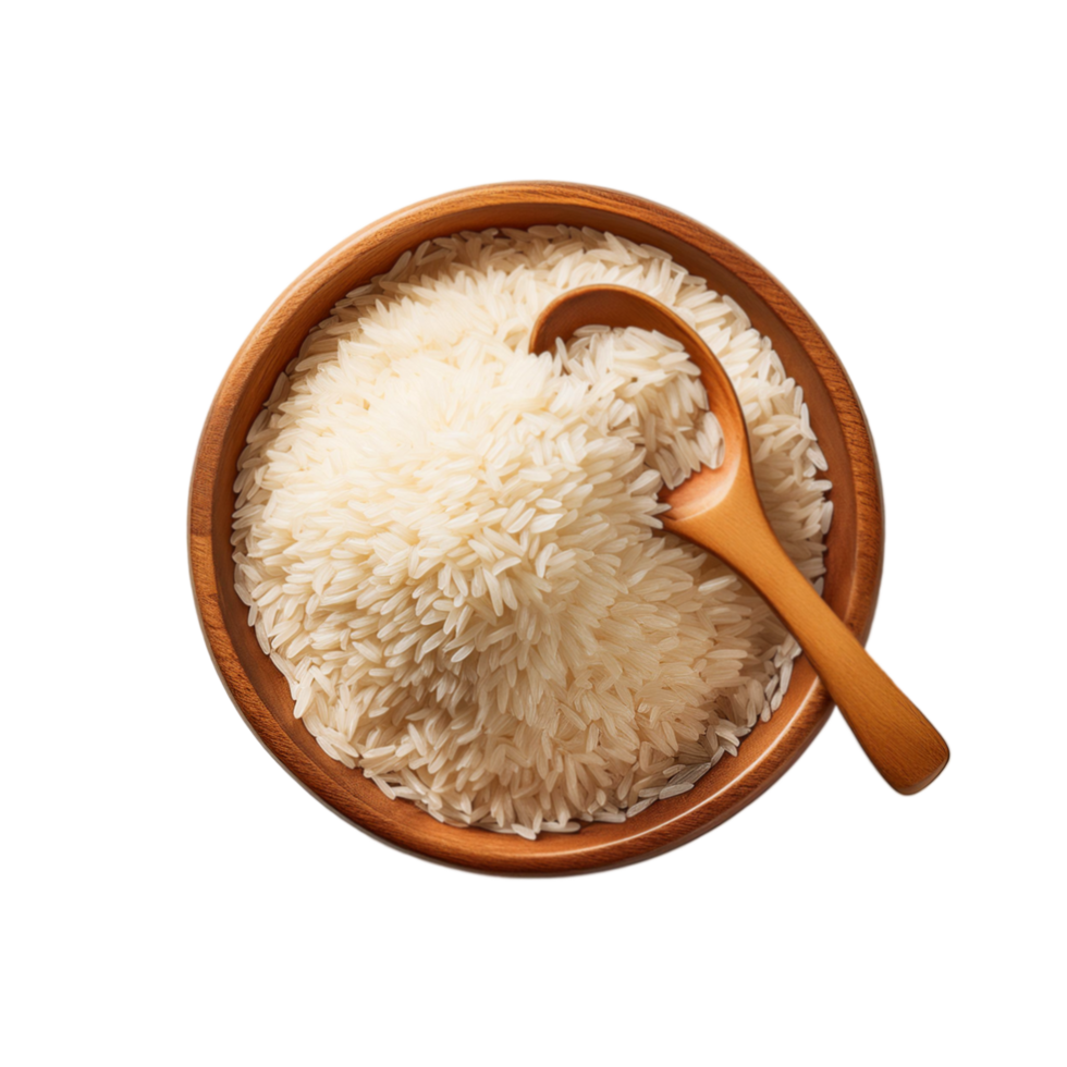 Realistic wooden bowl and spoon of peeled rice on transparent background png
