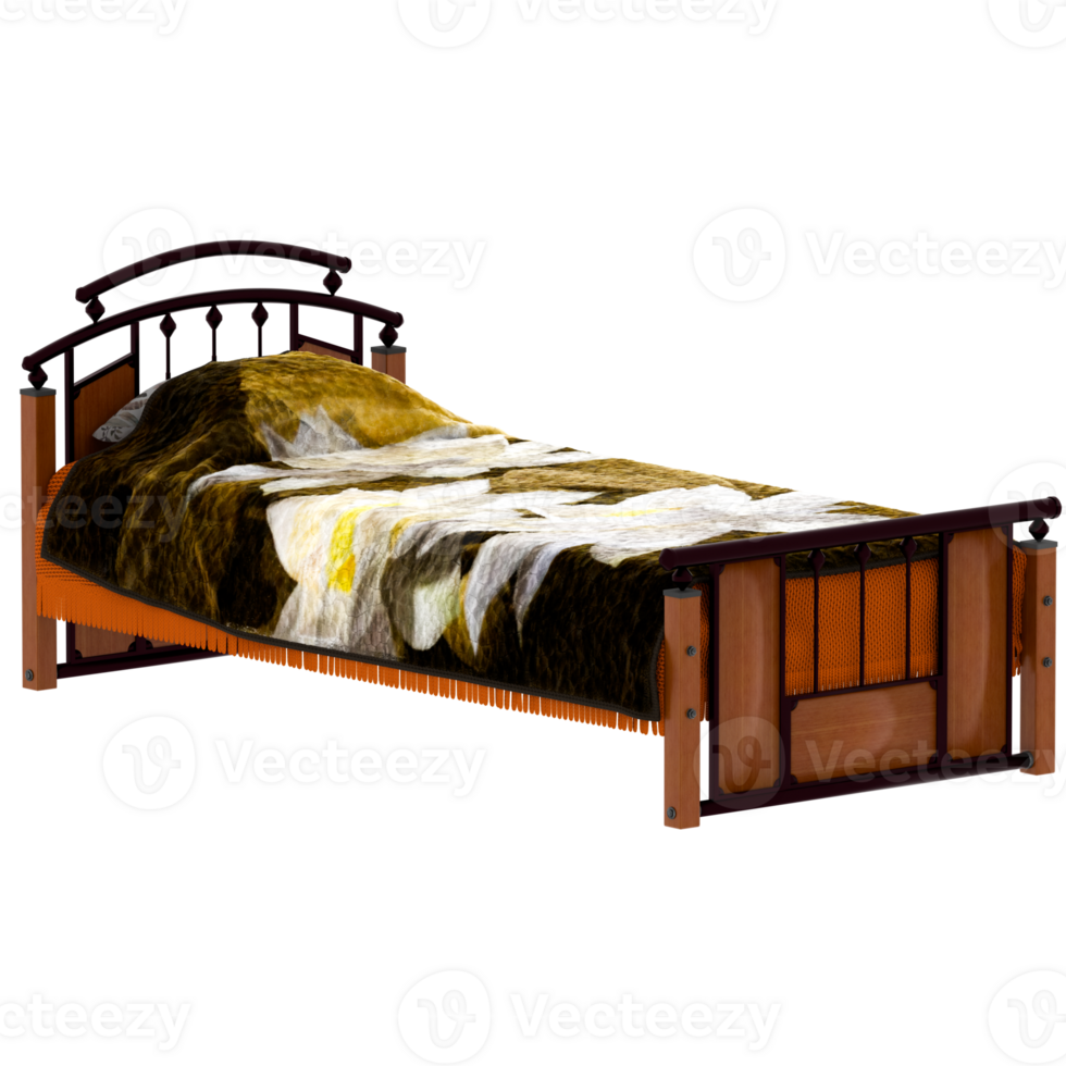 Render Wooden single bed with transparent wallpaper png