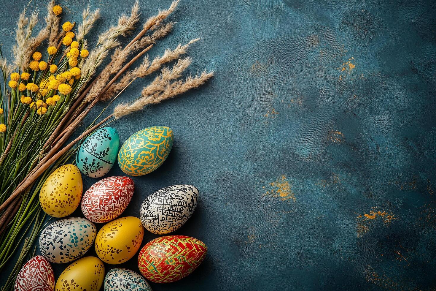 Decorated eggs, spring flowers, and wheat stalks arranged on a textured blue surface, celebrating persian new year, nowruz copy space photo