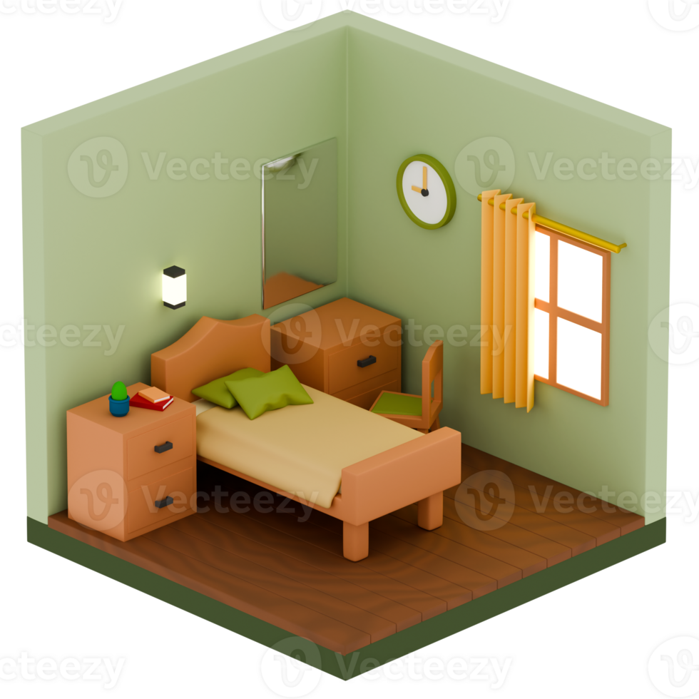 3d render isometric bedroom furniture decor with transparent background png