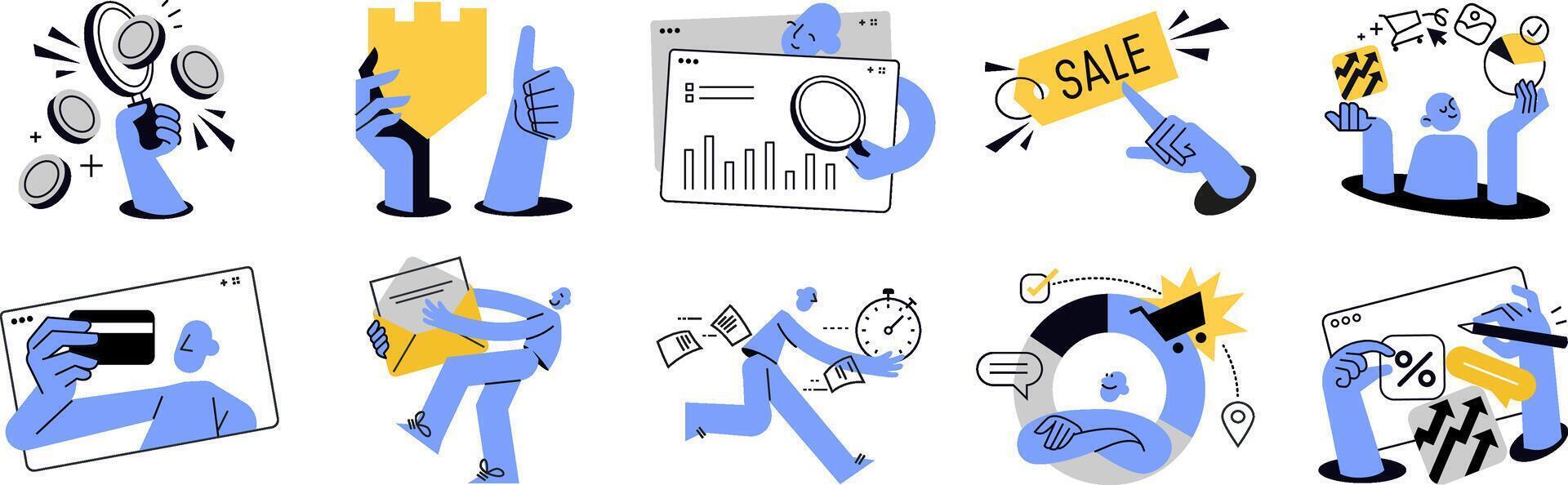 Creative business and finance illustrations. Concepts of business strategy and planning, ecommerce and shopping, data analytics, management, startup, payment and security for graphic and web design. vector