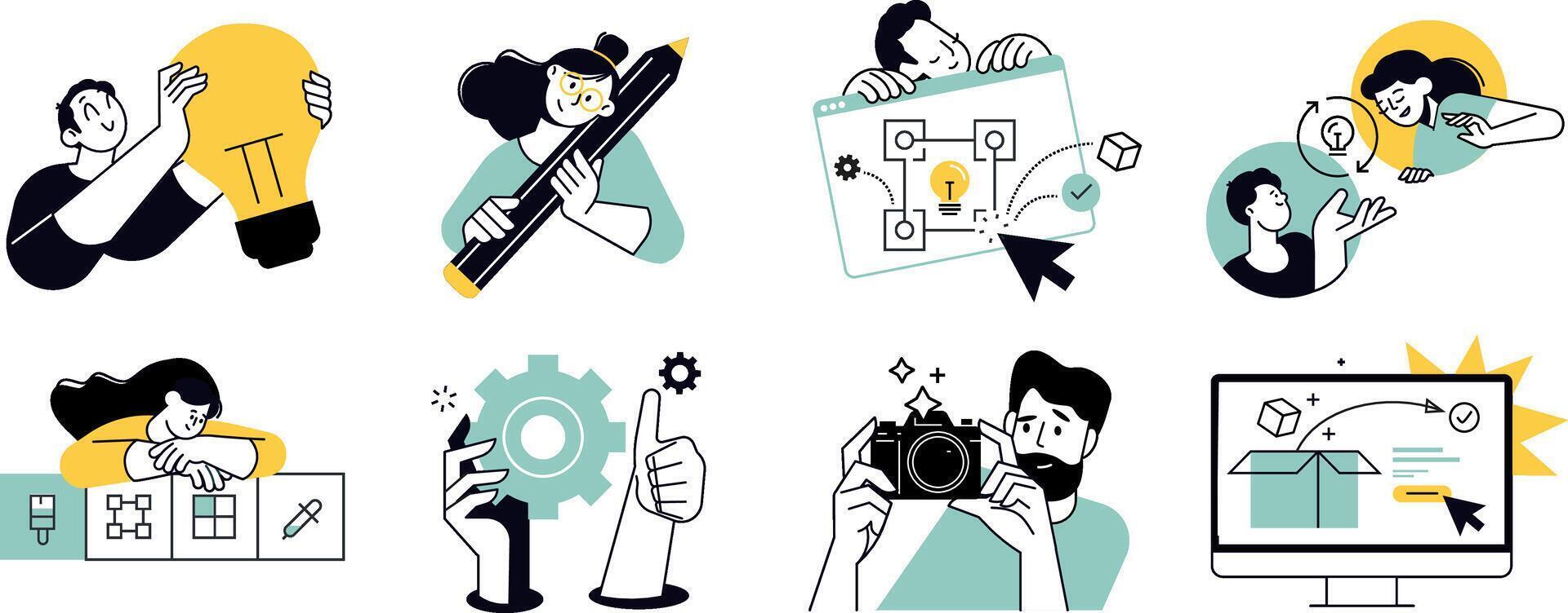 Design and software development. Illustrations of website and app design and development, seo, social media, content management, creative design and innovation. vector