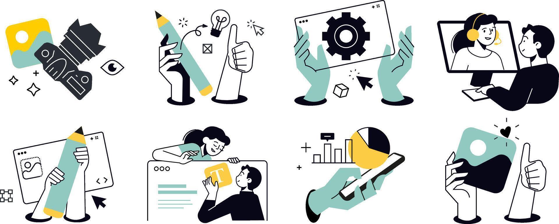Design and software development illustrations of website and app design and development, seo, social media, content management, creative design and innovation. vector