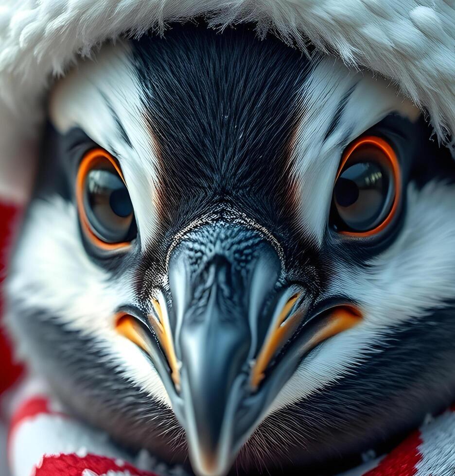 A close up of a penguin wearing a santa hat photo
