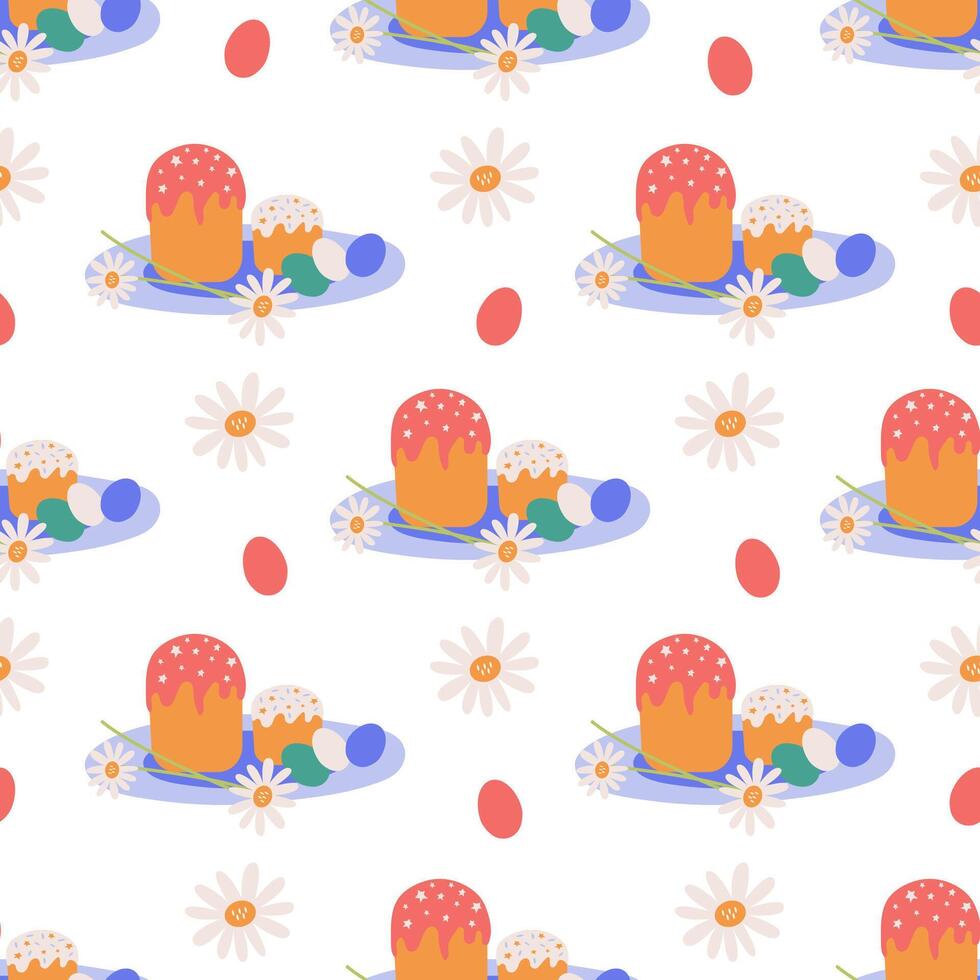 Seamless pattern with Easter symbols, Easter cake, on a platter, chamomile flowers and painted eggs in spring colors. For kitchen textiles, wrappers, and packaging. vector