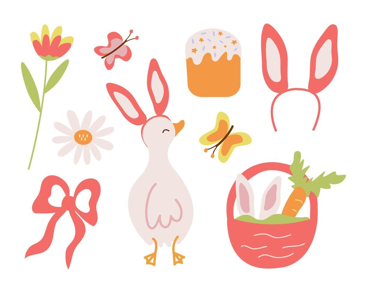 A spring set of Easter design elements, a goose character with rabbit ears, a basket, flowers, carrots, and butterflies. Holiday clipart in . vector
