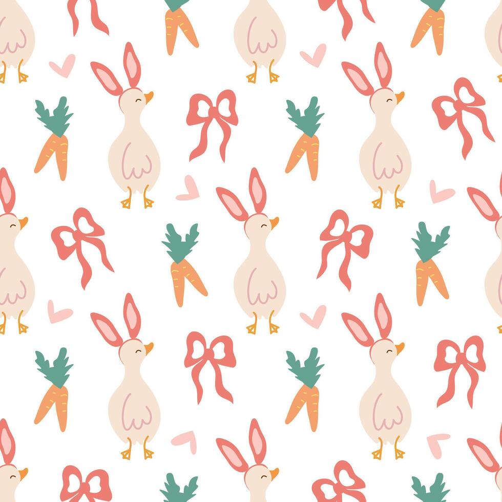 Easter seamless pattern with cute rabbit-eared ducks, carrots and bows, a funny story for a festive background. Easter wrapping paper, children textiles, wallpaper, packaging. Cute little animals. vector