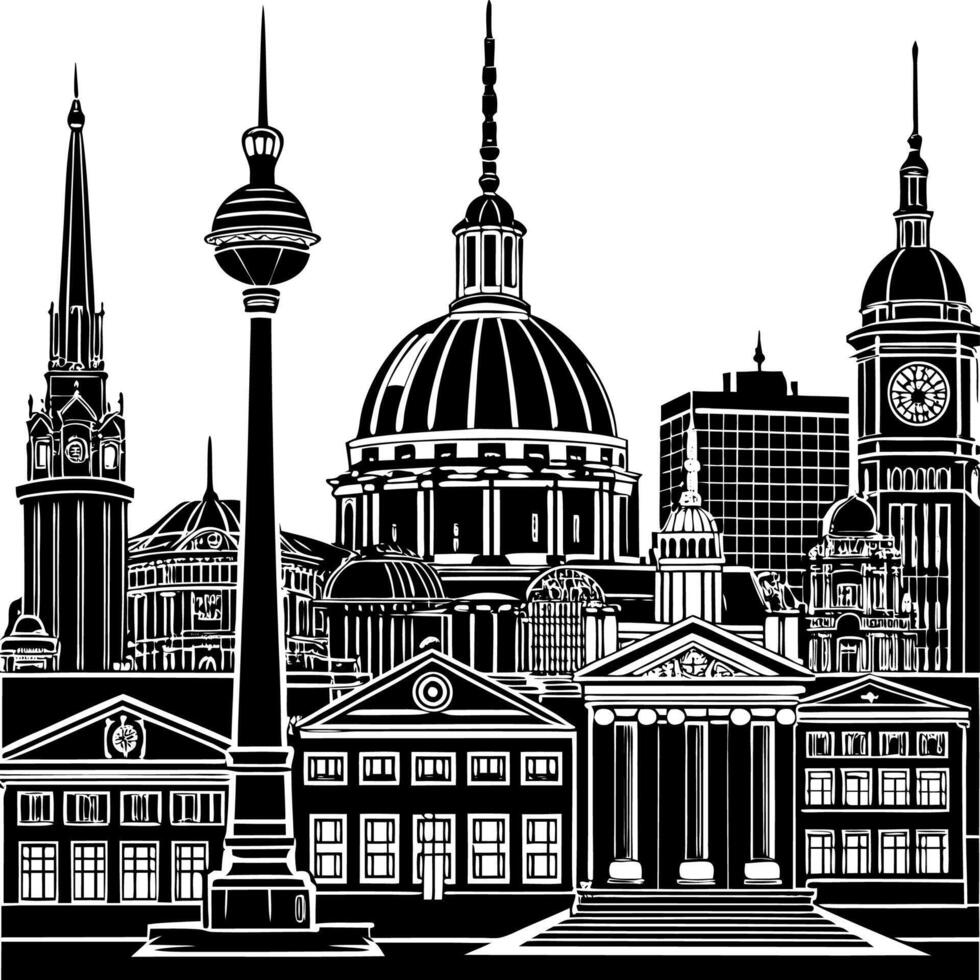A detailed black and white illustration of Berlin showcasing its famous landmarks and historical buildings in a striking urban scene vector