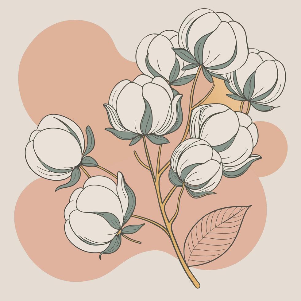 An intricate botanical illustration of white cotton flowers with green leaves on a warm beige backdrop evoking a sense of purity and simplicity vector