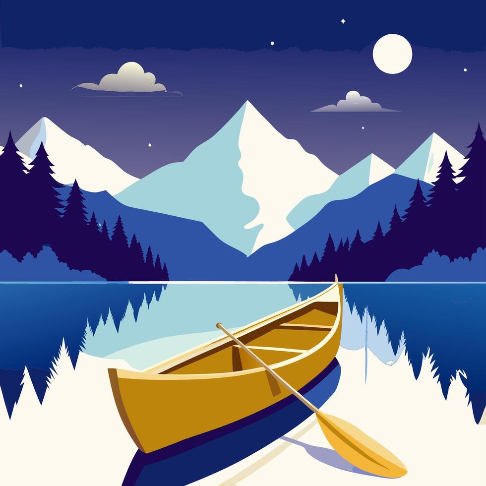 Serene Nighttime Canoeing Adventure Amidst Majestic Snowy Mountains and Reflective Lake vector
