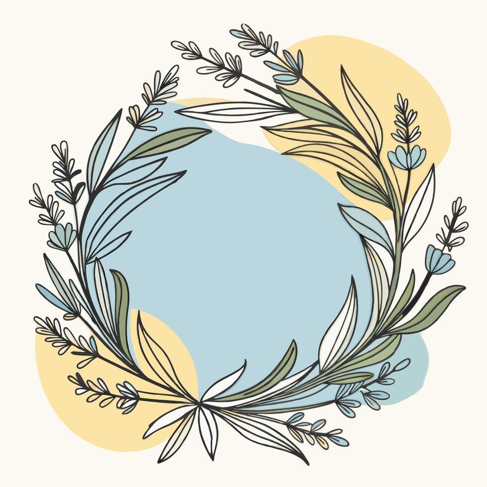 Delicate floral wreath with leaves and branches in blue and yellow tones vector