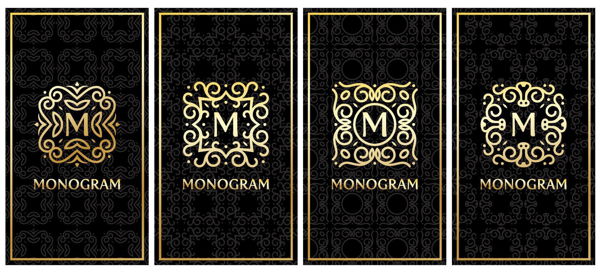 business card templates with gold monogram on black background vector
