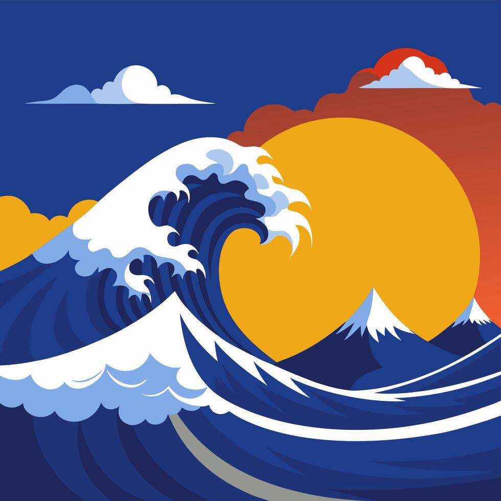 Dynamic Wave Cresting Near Mountain during Beautiful Sunset vector