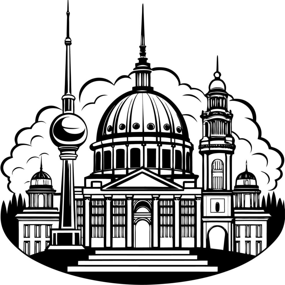 An elegant black and white rendering of a majestic temple with ornate domes and spires set against a backdrop of fluffy clouds vector