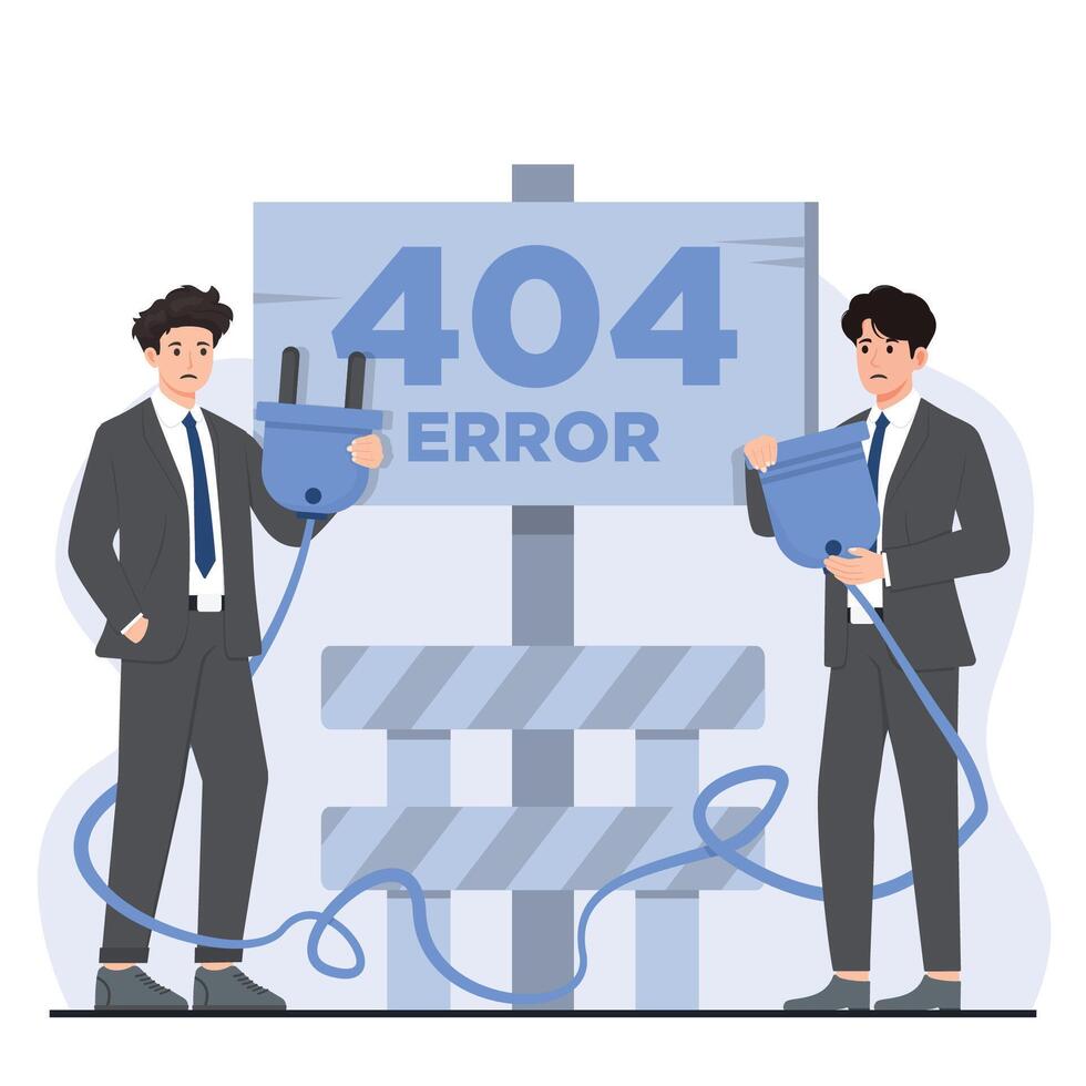 404 error concept. illustration in flat style. Businessman and businessman with broken electrical plug. vector