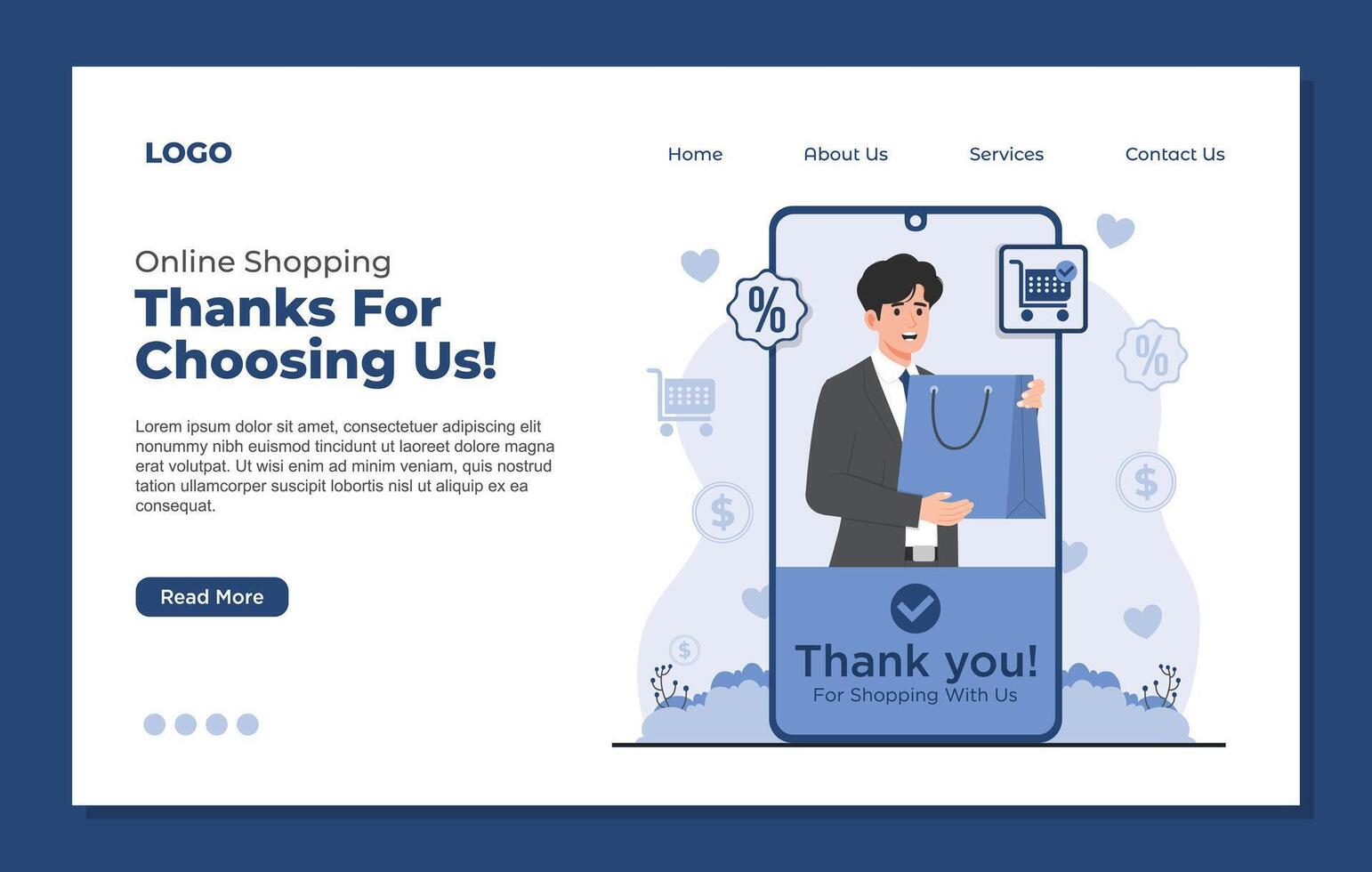 Landing page design template Online shopping appreciation concept with a thank you message Coffee Break. Flat style illustration. vector