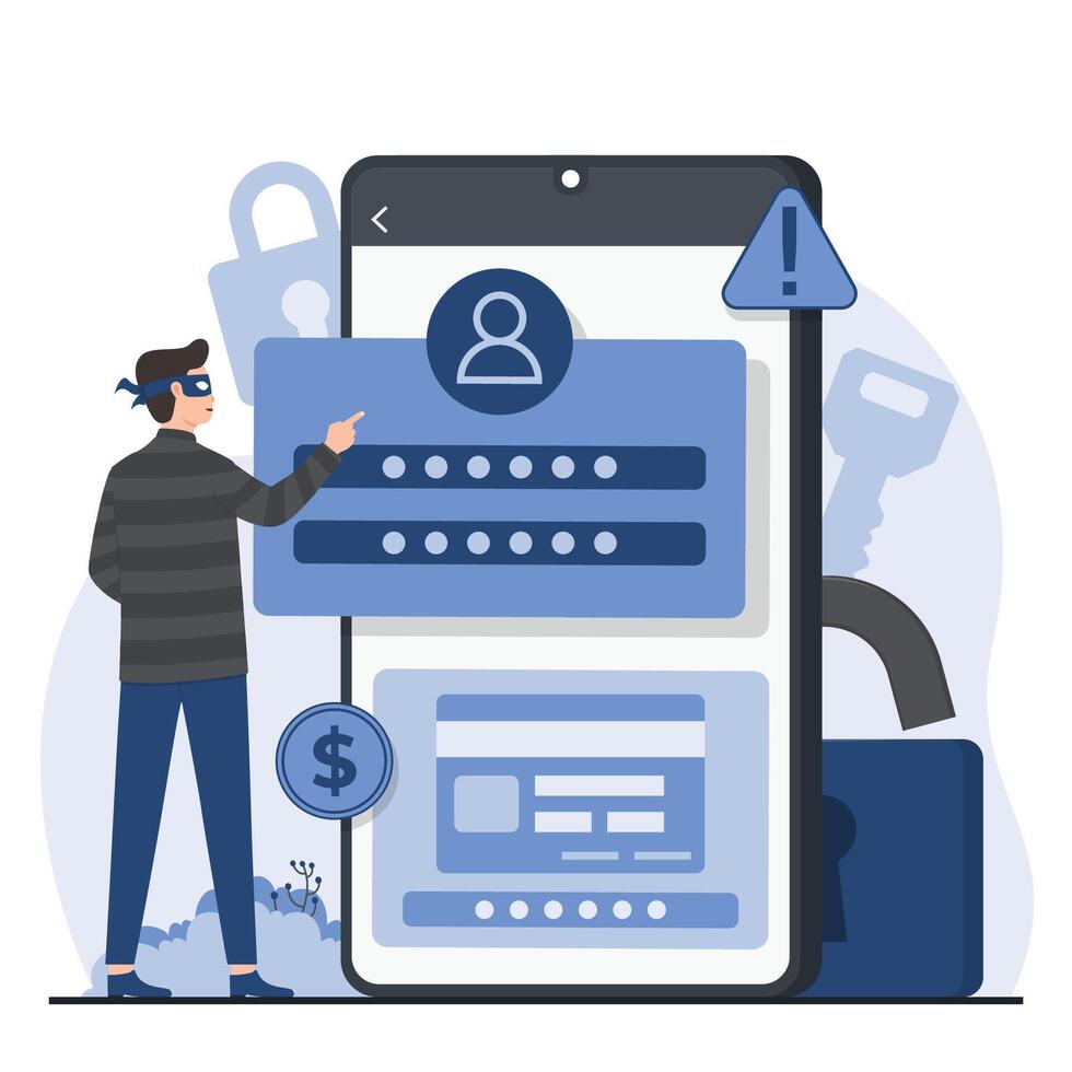 illustration in flat style. A man in virtual reality glasses is holding a smartphone with a login page. vector