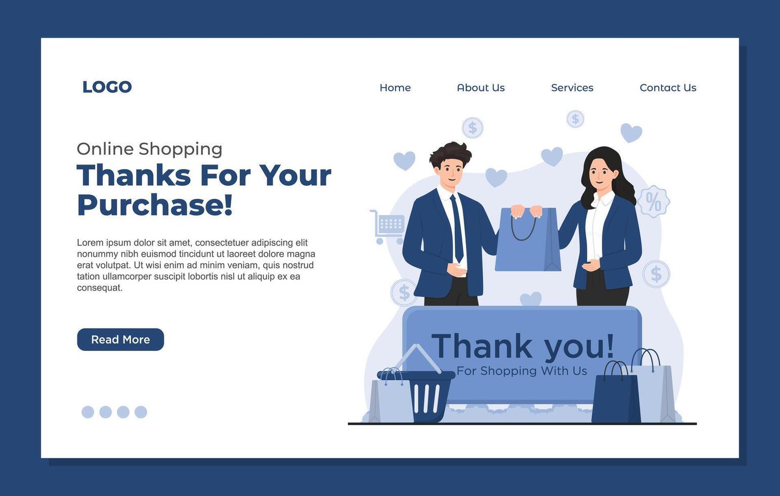 Landing page template Online shopping appreciation concept with a thank you message couple in love. flat illustration vector