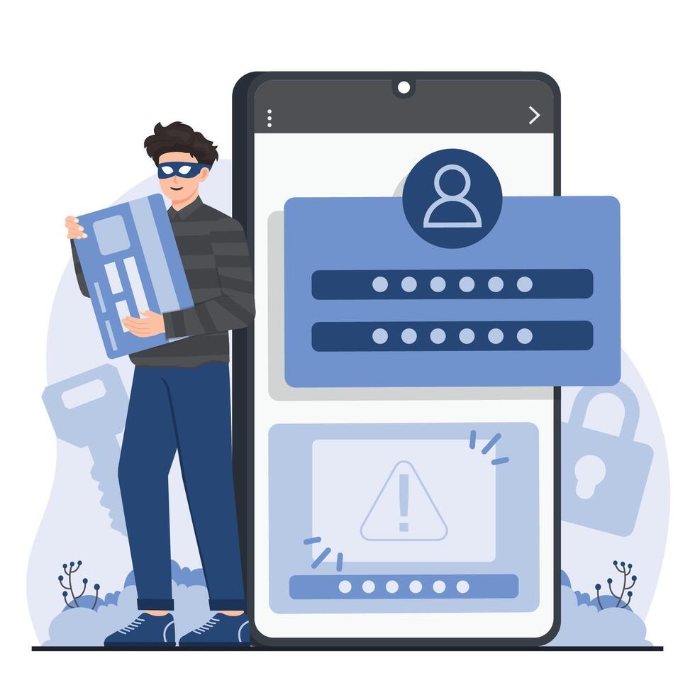 Smartphone security concept. illustration in flat style. Smartphone and hacker. vector