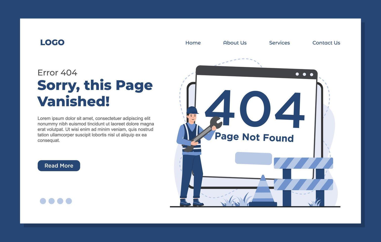 Landing page template page not found illustration representing a broken link, lost connection, or inaccessible webpage vector