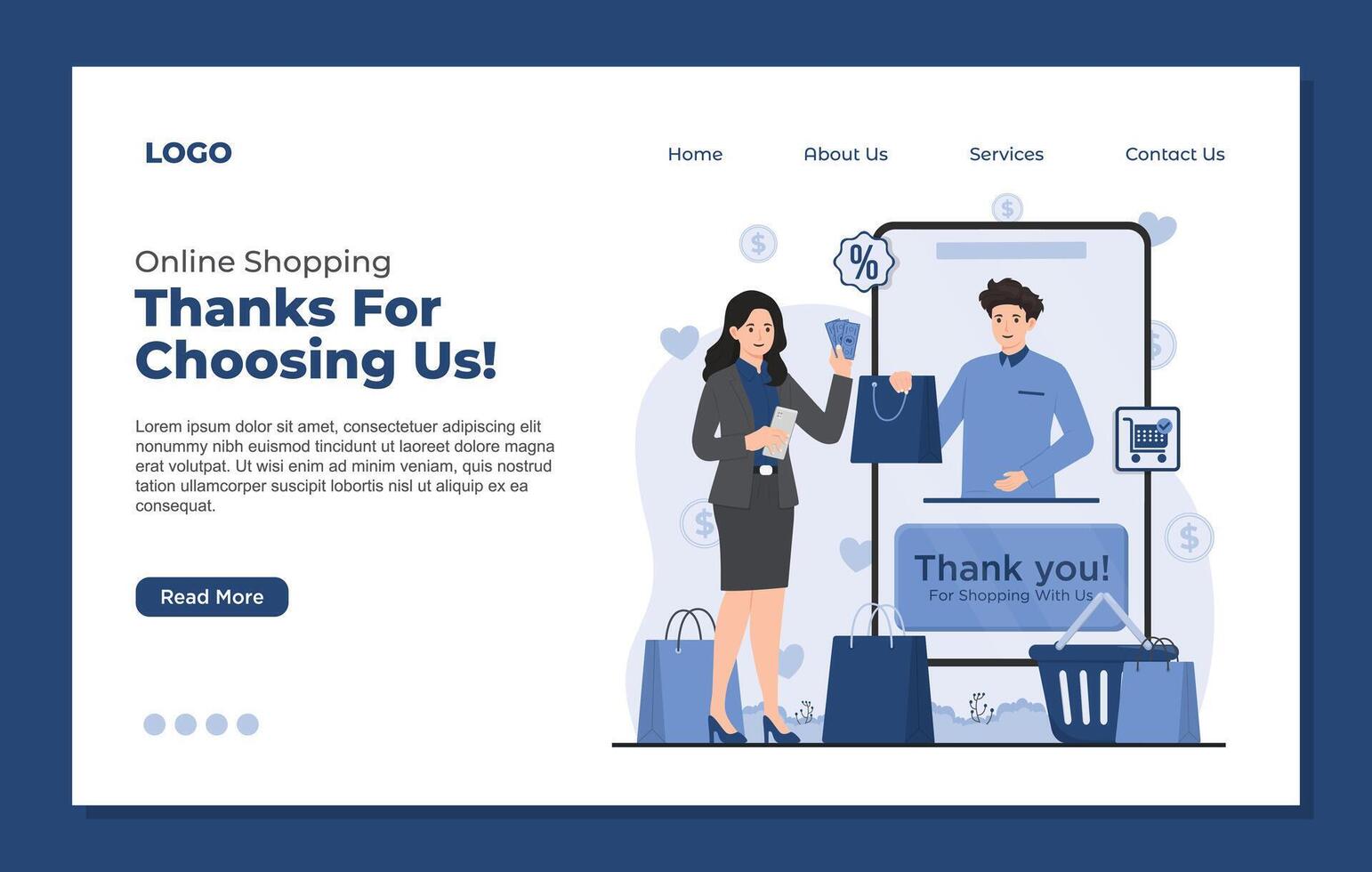 Online shopping appreciation concept with a thank you message landing page template. Online shopping. vector
