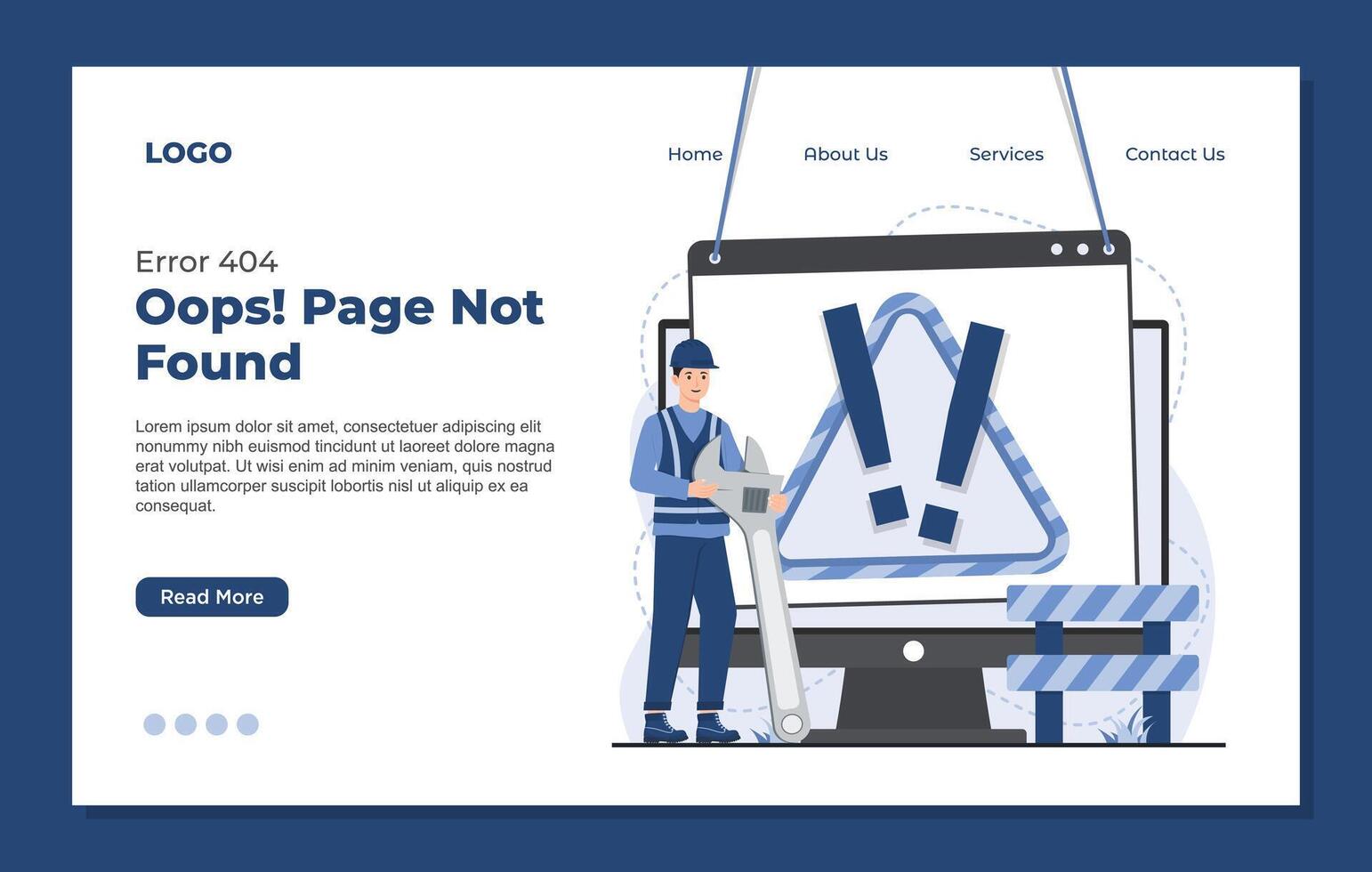 Landing page template website error page with 404 message indicating a missing or unavailable webpage vector