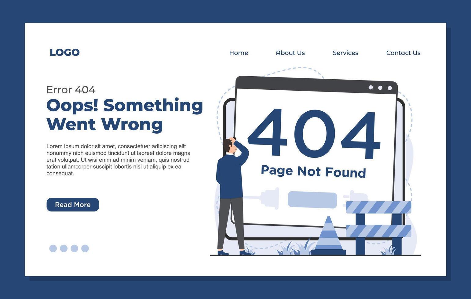 Landing page template error 404 page not found concept with a missing webpage message and a broken link notification vector