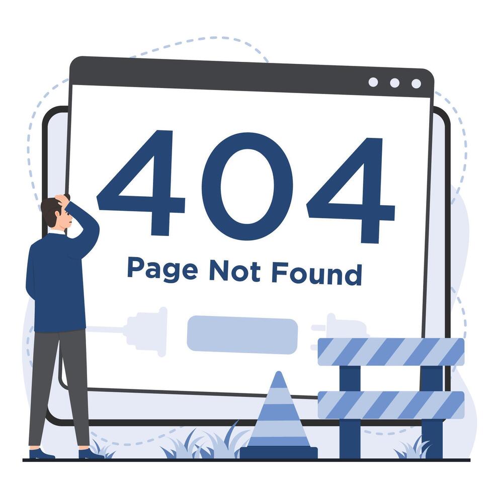 404 error page not found concept. flat cartoon illustration of man looking at 404 error page. vector