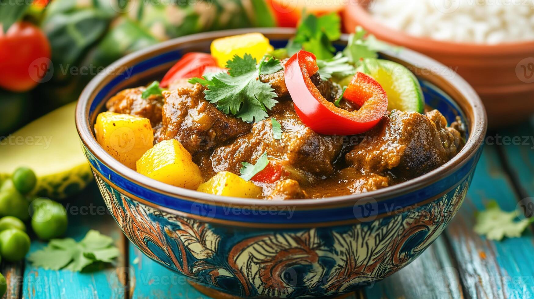Colorful bowl of savory stew with chunks of meat, potatoes, and fresh vegetables garnished with herbs, set against a rustic wooden background photo