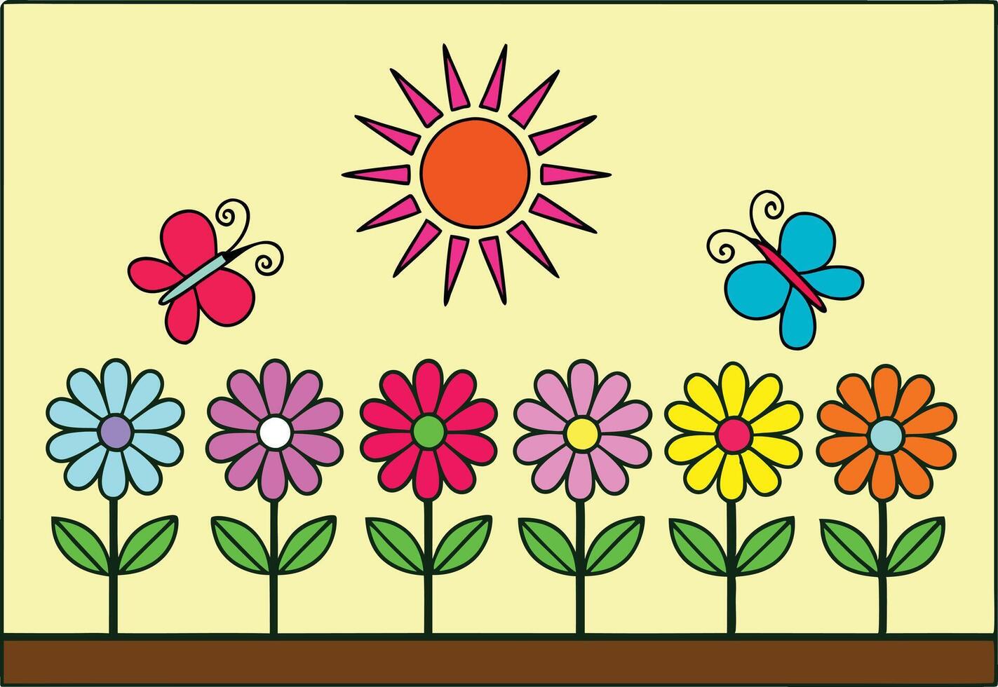 Flower set butterfly and sun colorful icon illustration. Flower set colorful icon illustration. vector