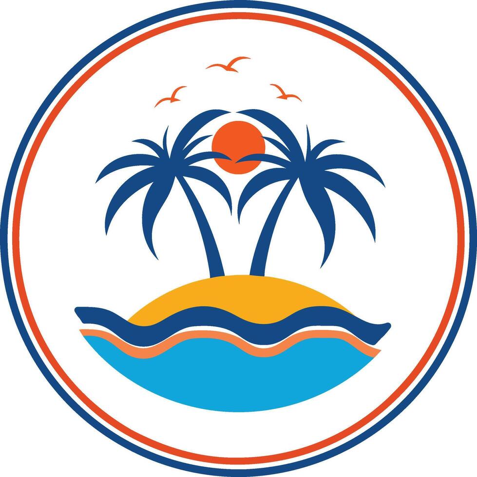 Circular logo design tropical beach scene stylized. vector