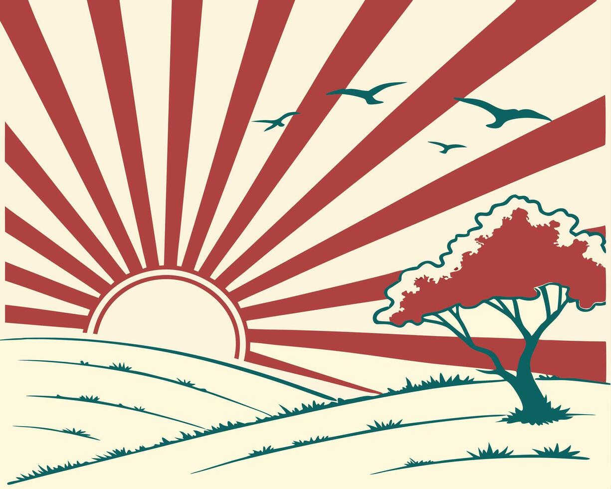 Sky, cloudy days and the sun shining in the evening. Sunrise a clean minimalist with a radial burst illustration. vector