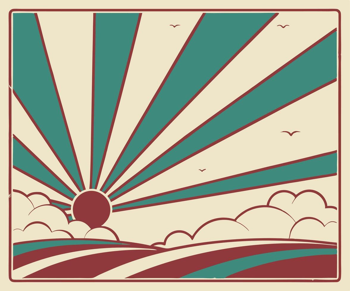 Clean morning sunrise with a radial of unique design illustration. Contemporary Sunset and Mountains Design. vector