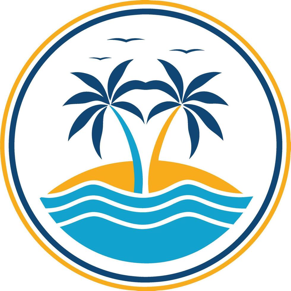 Circular logo design tropical beach scene stylized. Beach logo design with sunset atmosphere concept. vector