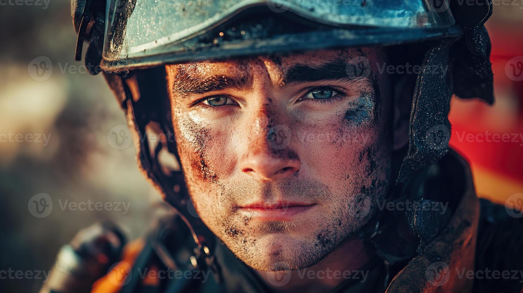 Intense Portrait of a Young Firefighter with Smudged Face, Protective Gear, and Determined Expression Amidst Challenging Conditions and Smoke Haze photo