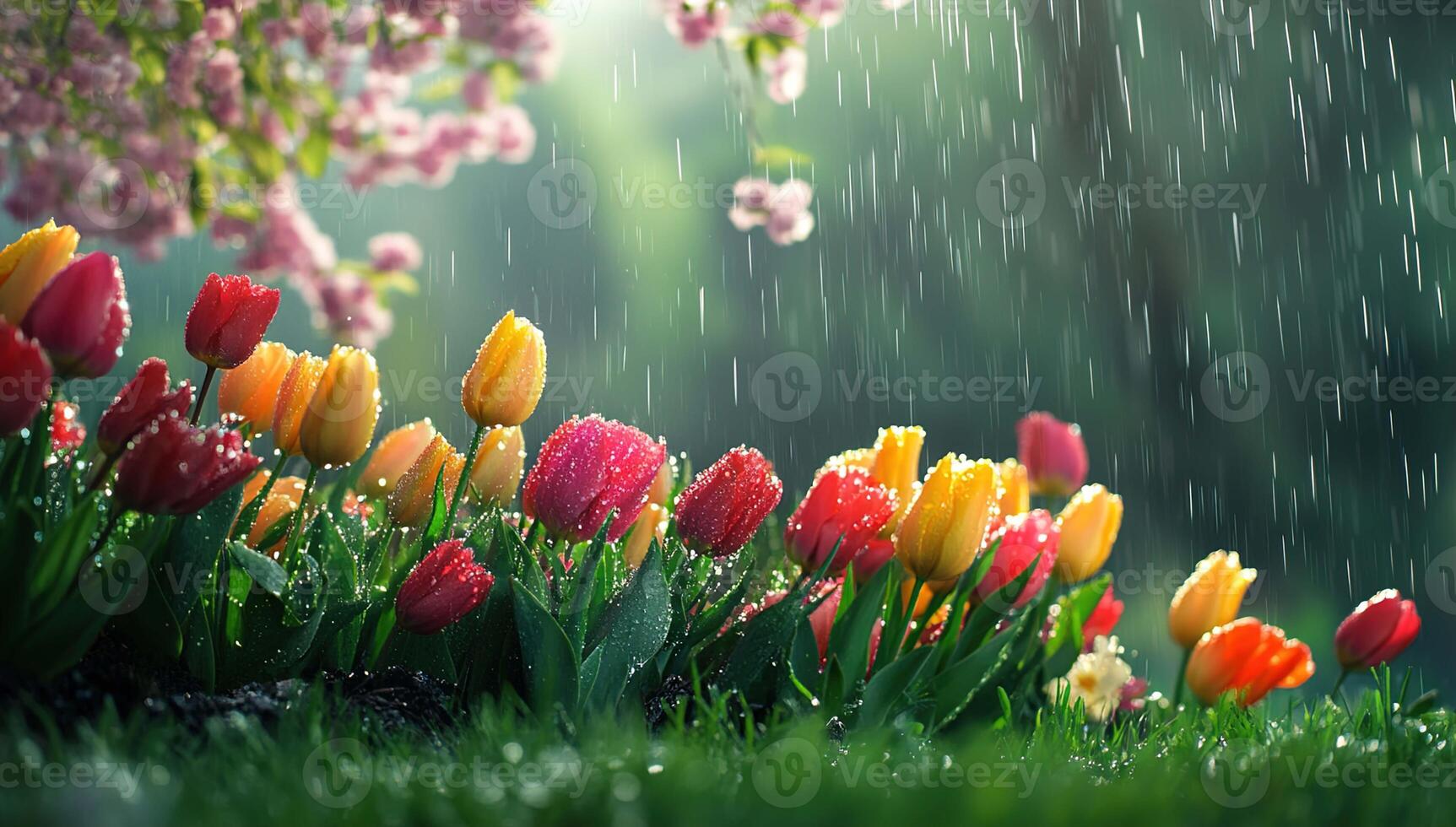 Colorful Tulips in Rain at Sunrise with Soft Light and Dew Drops on Fresh Green Grass photo