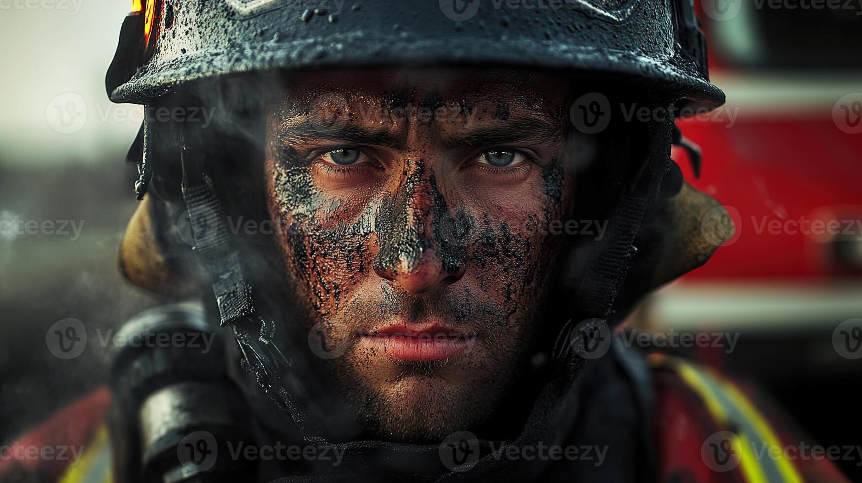 Determined Firefighter with Soot-Streaked Face in Intense Environment Capturing Valor, Grit, and Courage Amidst Challenging Rescue Operation photo