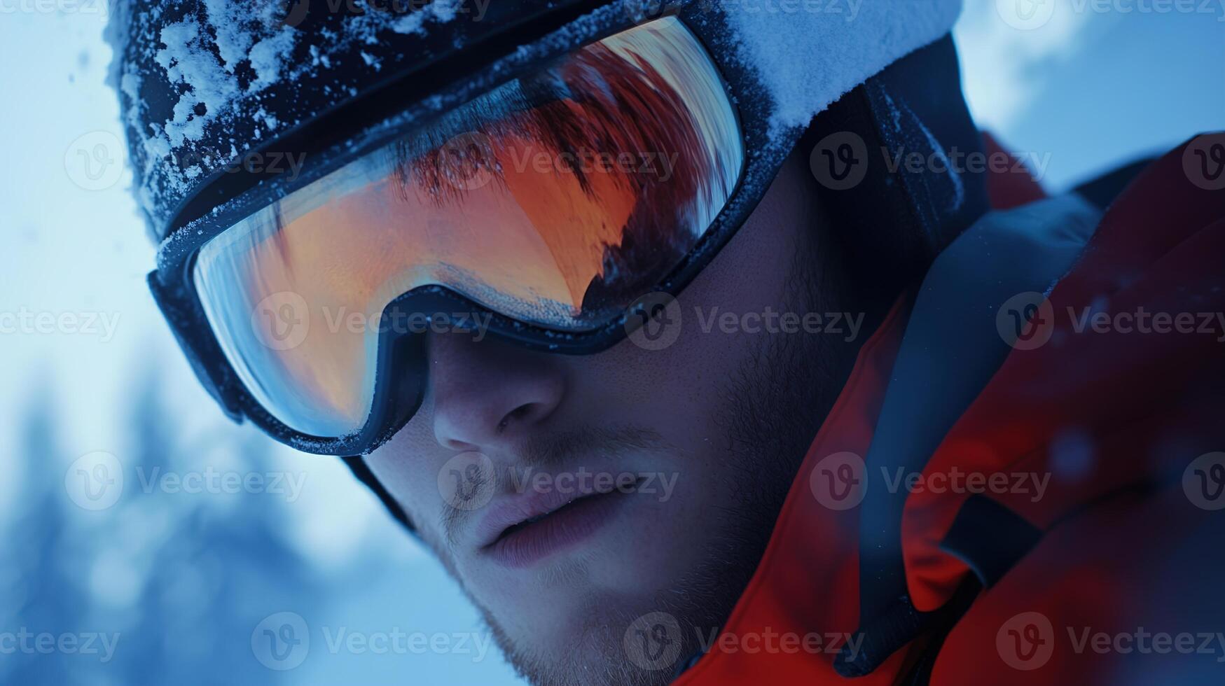 Close-up Portrait of a Male Snowboarder in an Orange Jacket with Reflective Goggles Against a Winter Landscape, Conveys Adventure and Boldness photo