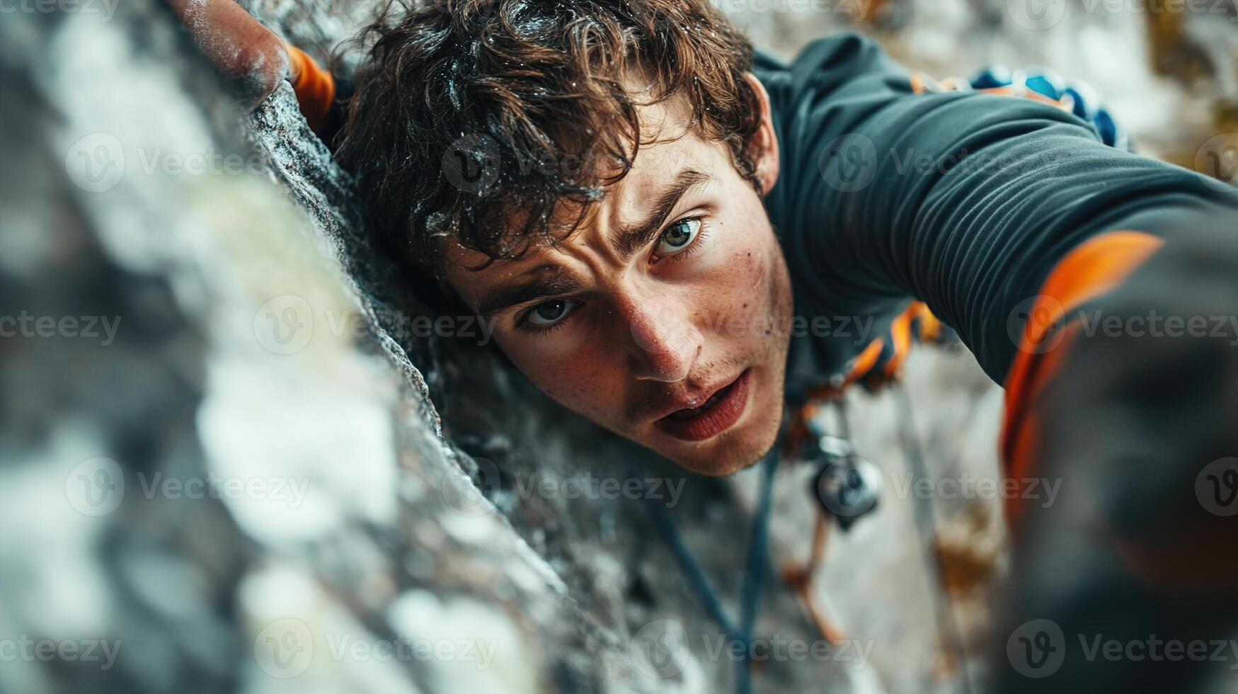 Determined Climber Reaching for New Heights on Steep Rock Face with Intense Expression and Climbers Gear in Challenging Outdoor Environment photo