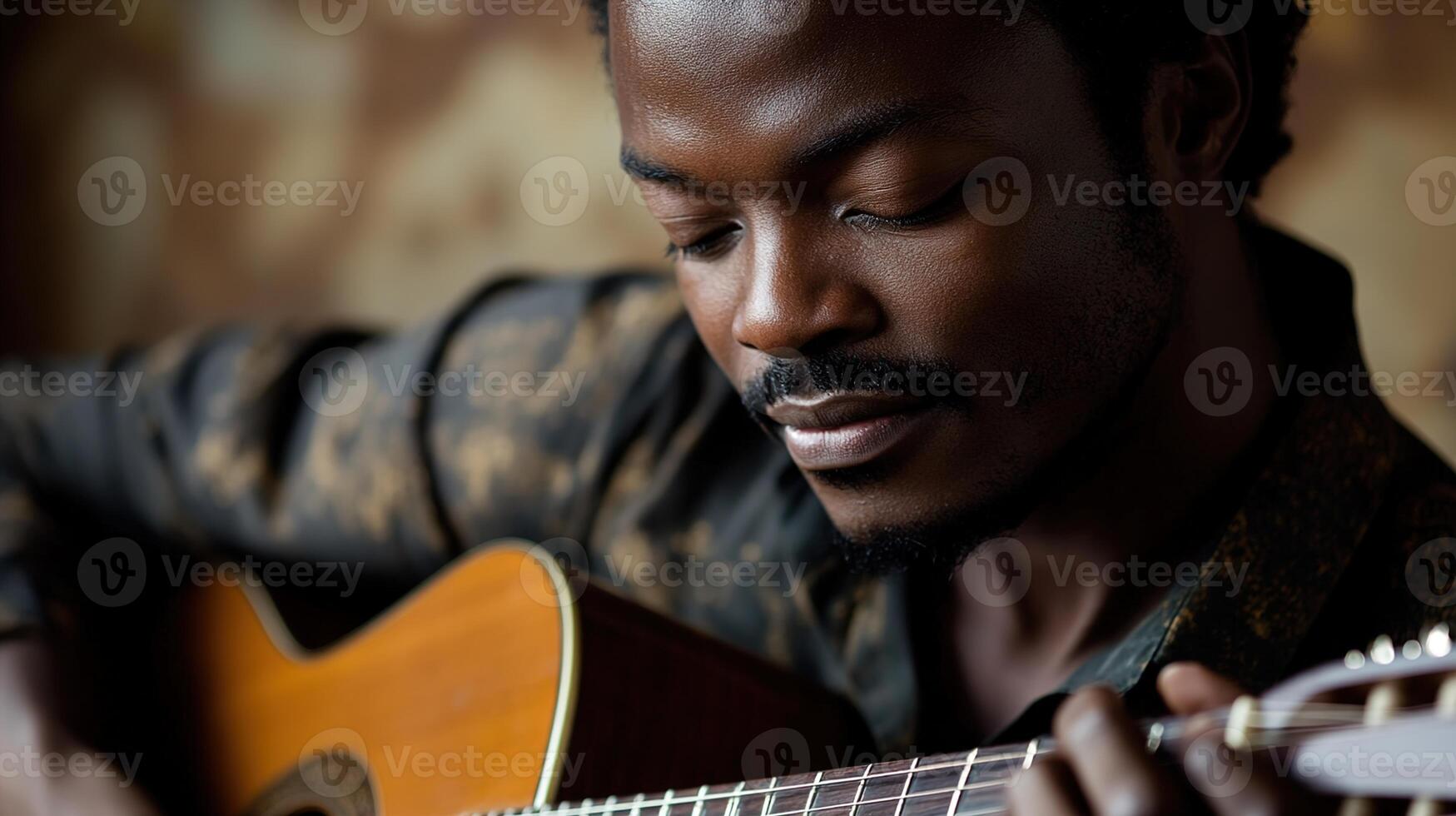 Focused musician playing acoustic guitar in a serene indoor setting with natural light highlighting emotional expression and artistry in a soulful performance photo