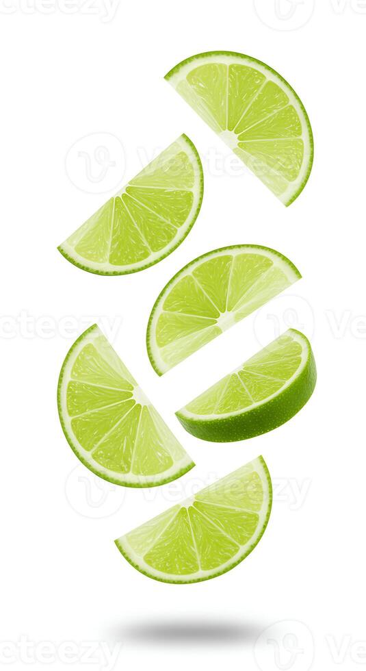 lime fruit pieces isolated on white background with shadow. lime citrus on white bg photo
