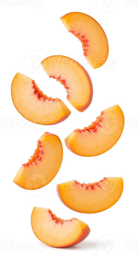 Fresh peach slices falling down on white background. Juicy peach pieces tumbling in mid-air on white bg. peach slices gracefully floating downward photo