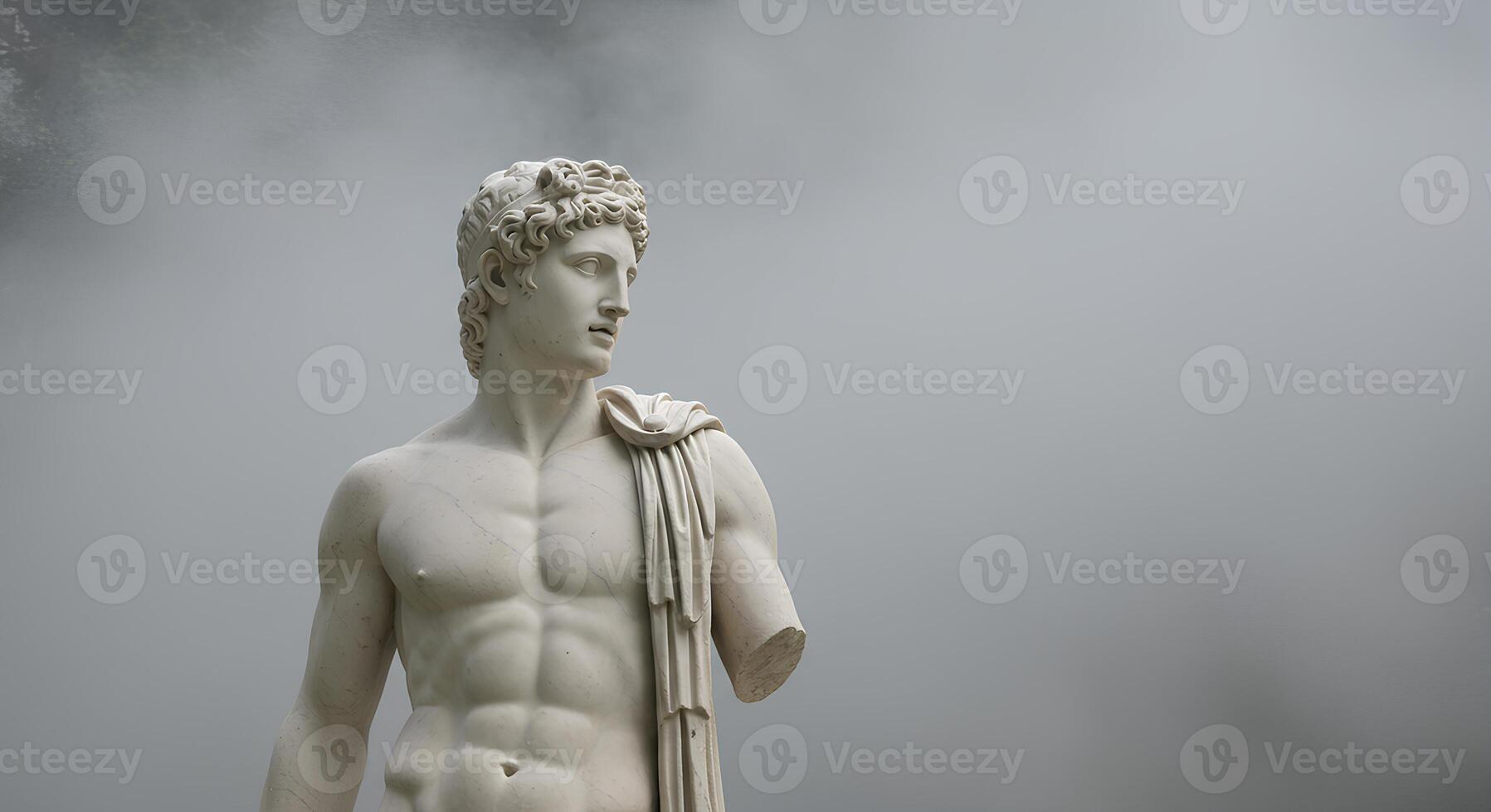 Ancient Greek marble statue of Hermes, the messenger god, depicted in classical art style on a simple background, symbolizing mythology, history, and antique sculpture photo