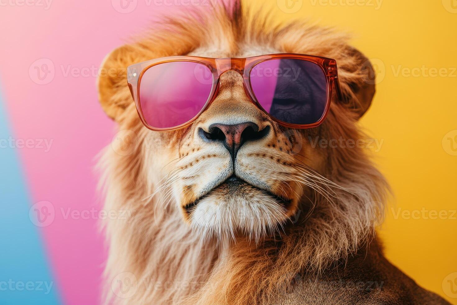 Amusing Lion with Sunglasses Captured in a Vivid Environment Perfect for Creative Projects photo