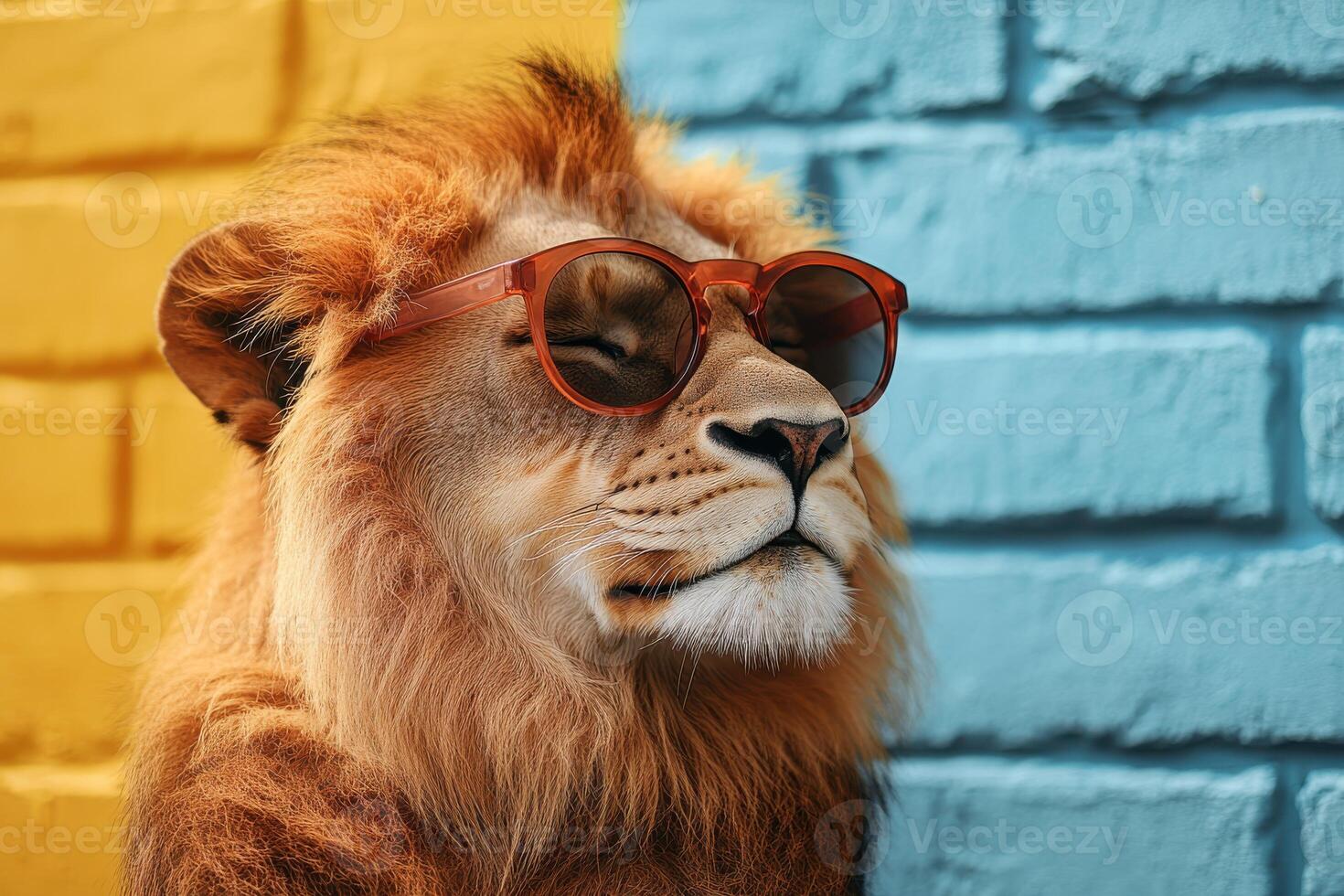 Funny Lion Wearing Sunglasses in a Bright Setting for Creative Projects photo