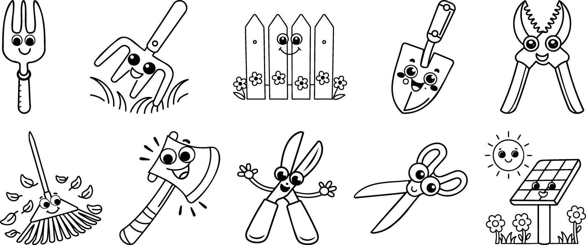 Cute Gardening Tools Doodle Set with Happy Expressions vector