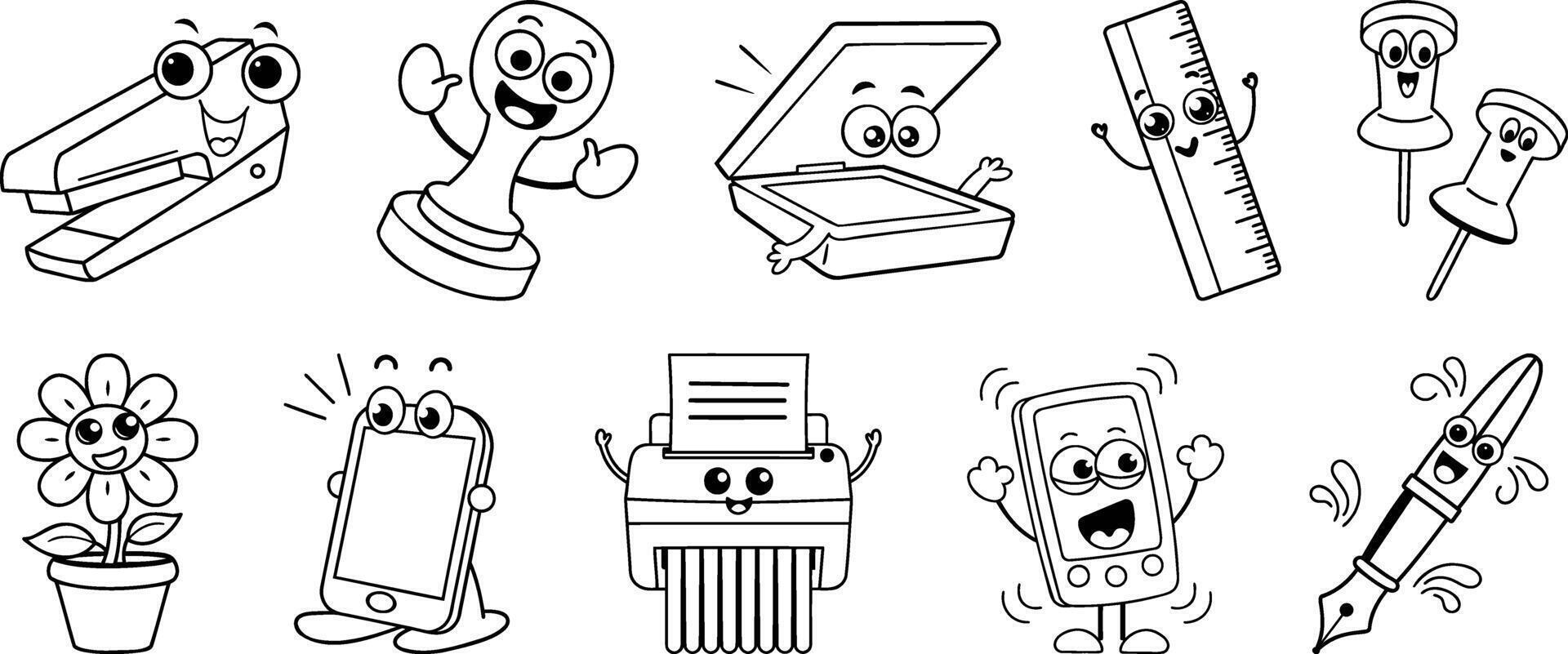 Cute Office and Stationery Doodle Set with Happy Faces vector