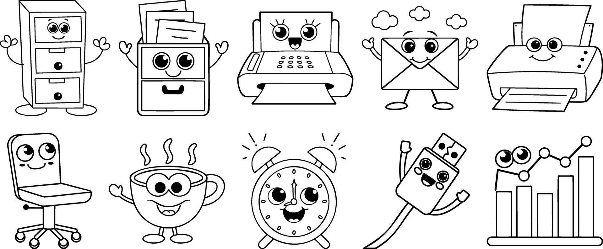 Cute Office Equipment Doodle Set with Happy Expressions vector