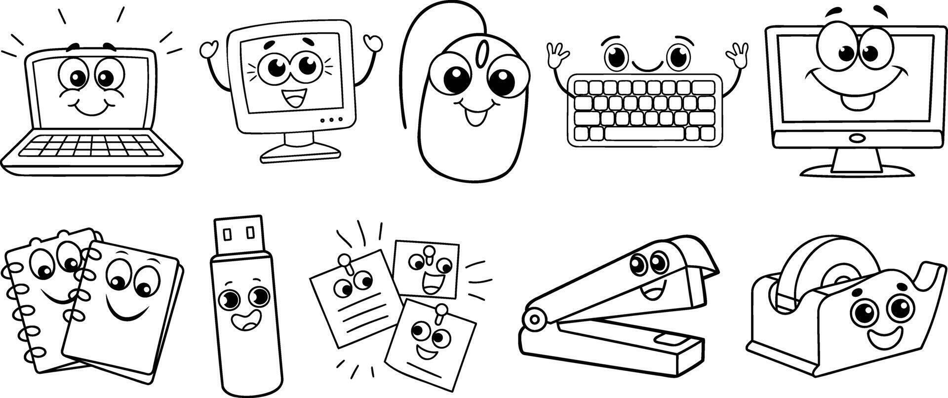 Cute Office and Computer Doodle Set with Smiling Accessories vector